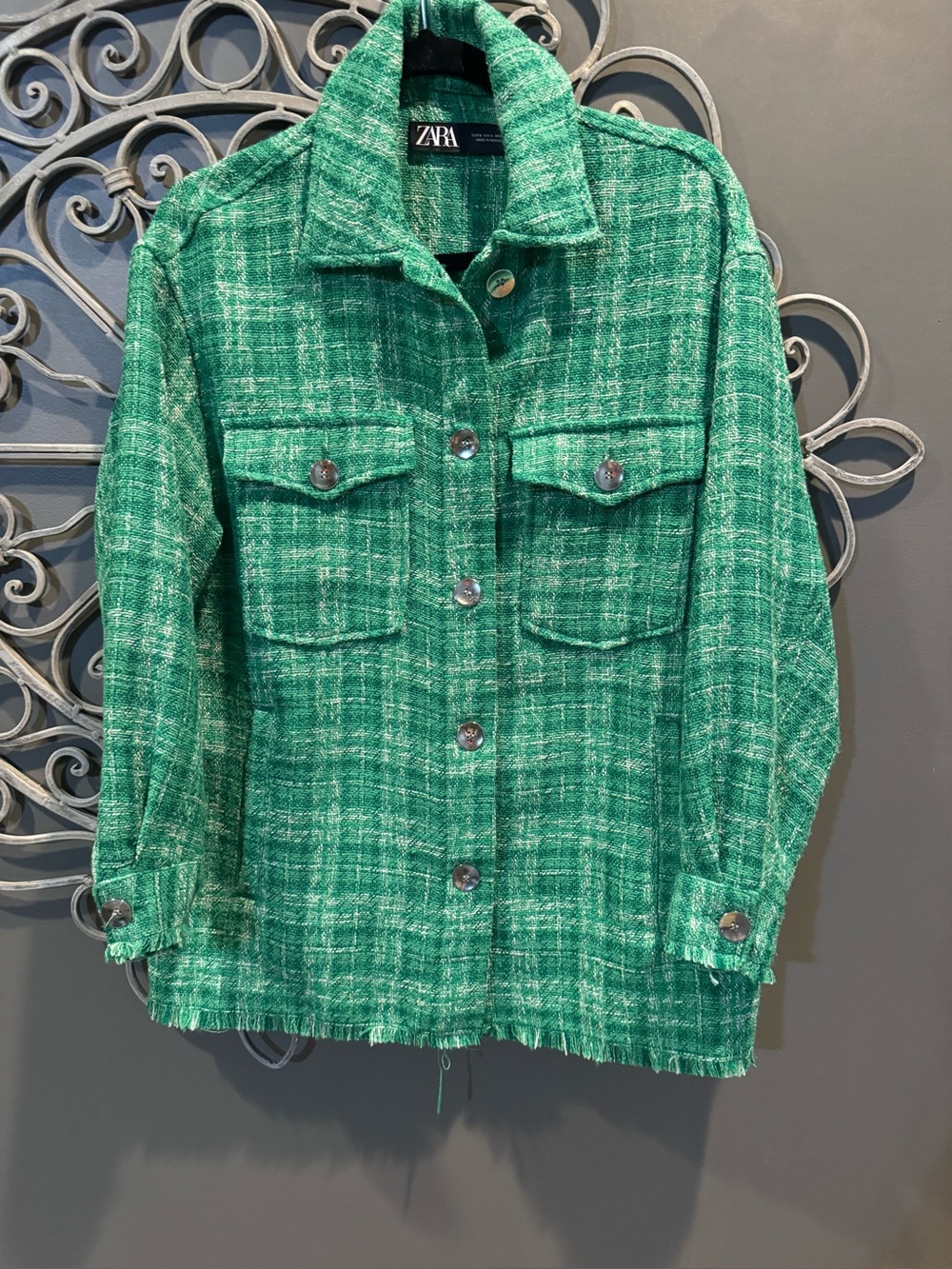 Women’s Zara Green Tweed Button-Front Jacket sz S